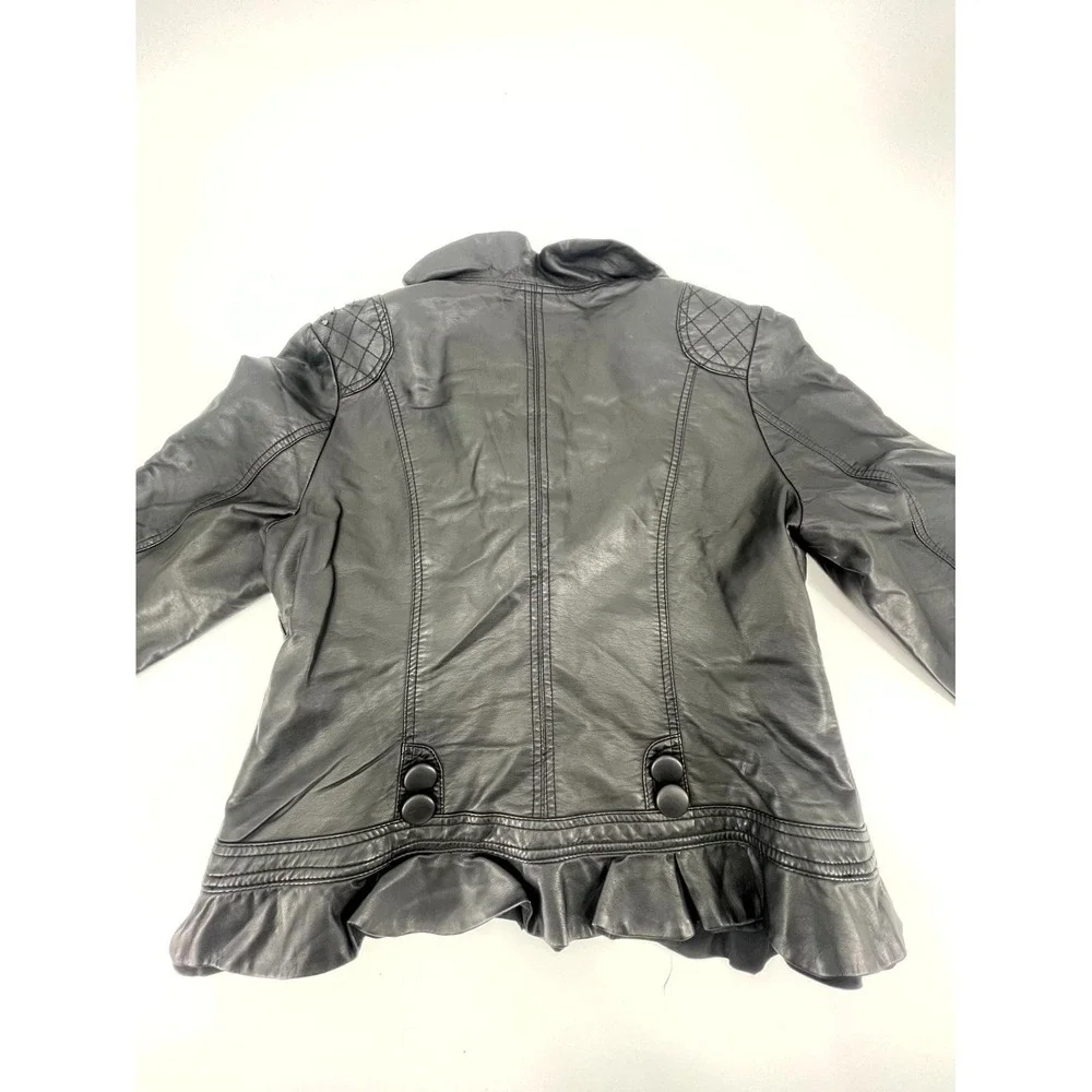 Montanac Co Jacket Womens Large Black Faux Leather Lined Ruffle‎ Trim Full Zip